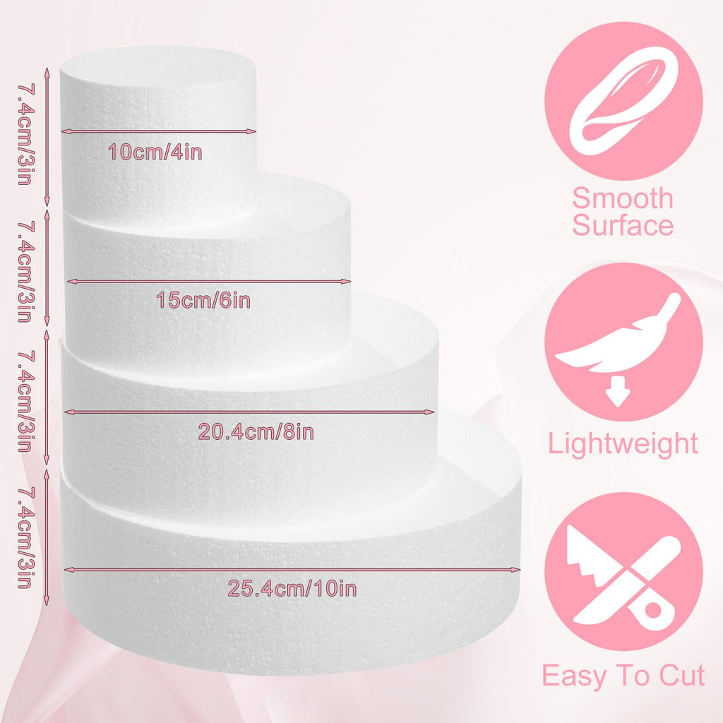 4 Tiers Foam Cake Dummies Set 4" 6" 8" 10", PLULON White Round Practice Cake Dummy 12 Inch Tall with Artificial Roses and Ribbons for Wedding Baby Shower Birthday Anniversary Christmas Party Supplies