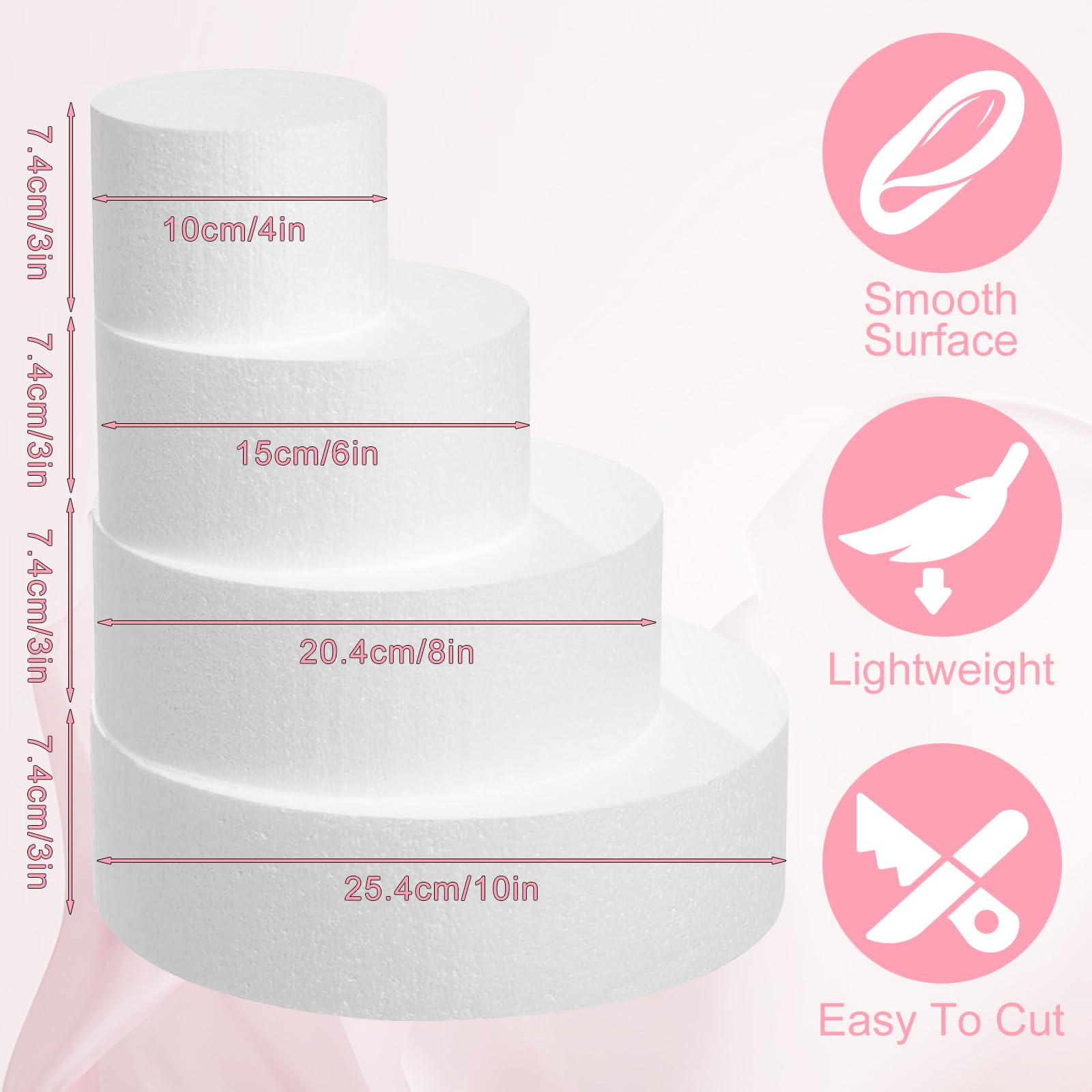 4 Tiers Foam Cake Dummies Set 4" 6" 8" 10", PLULON White Round Practice Cake Dummy 12 Inch Tall with Artificial Roses and Ribbons for Wedding Baby Shower Birthday Anniversary Christmas Party Supplies