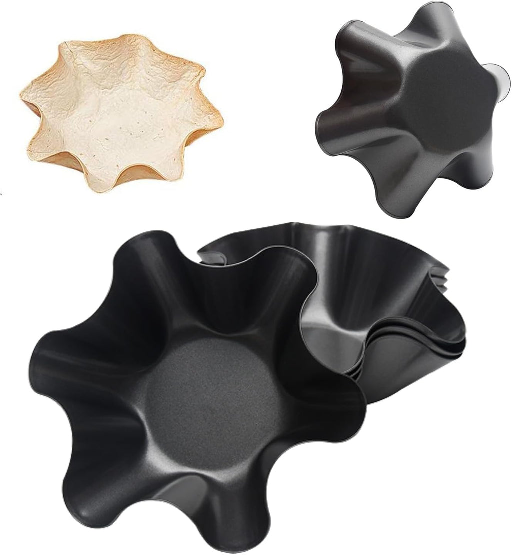 Skiennix Tortilla Pan Set - 4-Piece Non-Stick Carbon Steel Taco Bowl Makers | Black Flower-Shaped Molds (16.5x7.5x6cm)