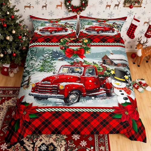 Homewish Christmas Truck Full Duvet Cover Set 3pcs Red Plaid with 2 Pillowcases (No Comforter) - Kids Bedding