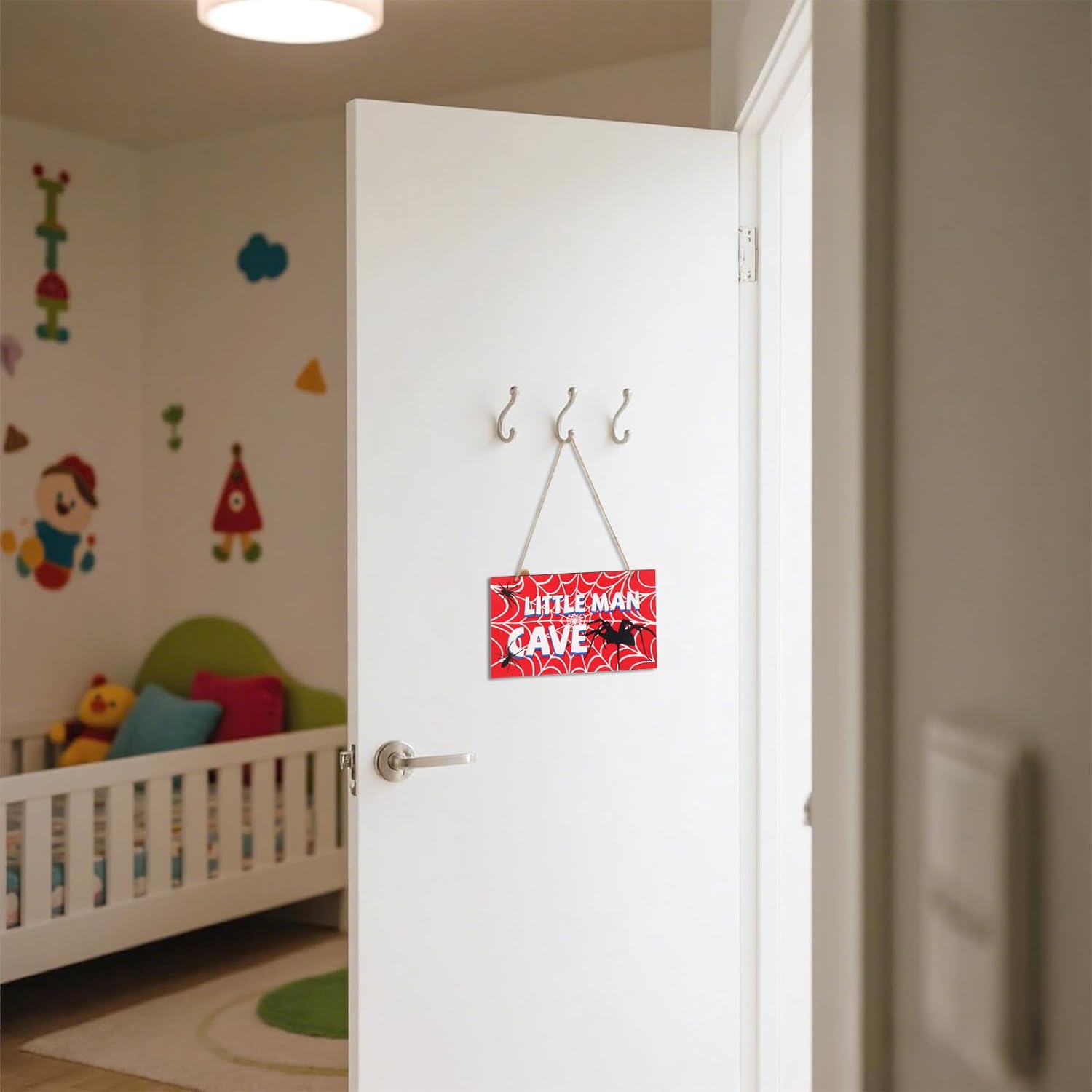 Skiennix Spider Door Sign - 12x6in Red Wooden Spider Web Nursery Decor | Unique Wall Art for Boys