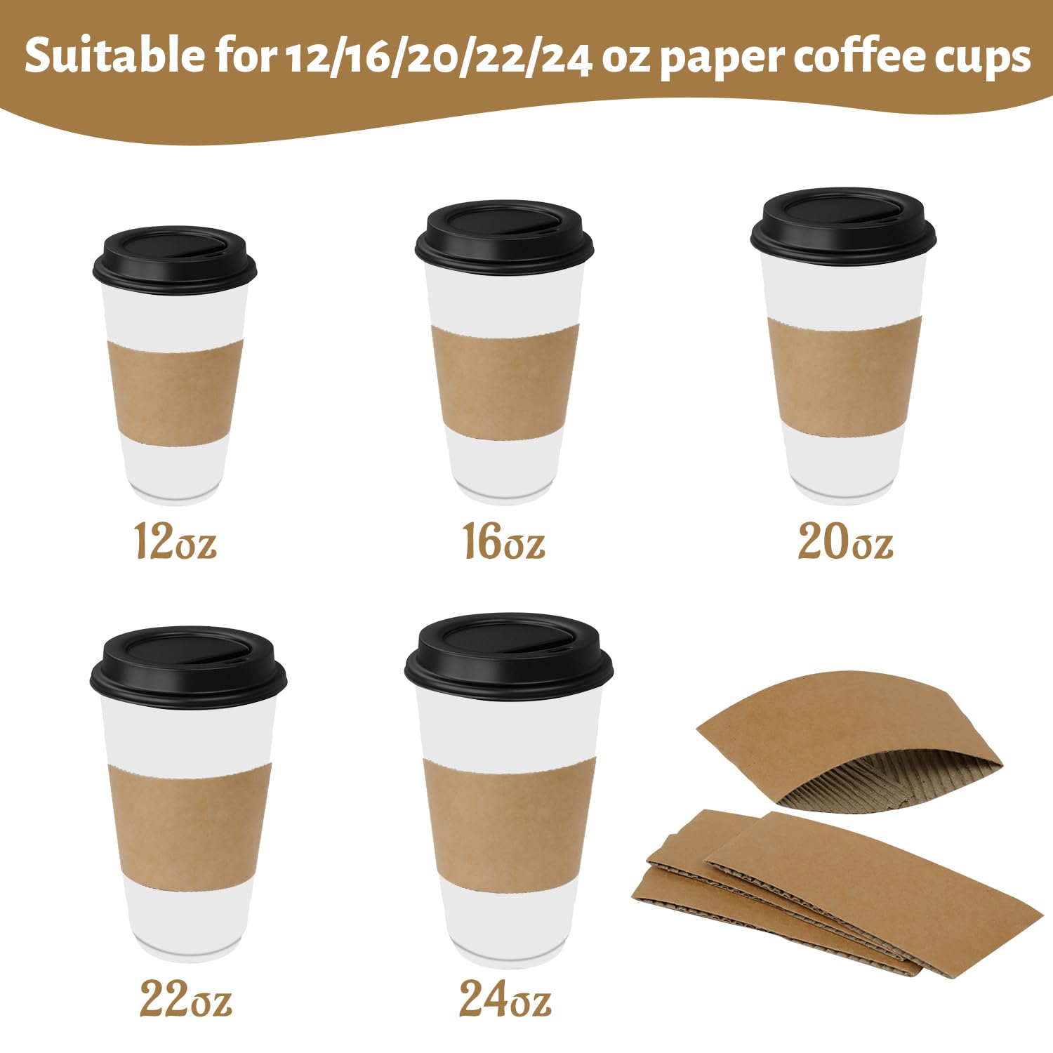 WETPYAKS 500 Pcs Coffee Sleeves, Brown Corrugated Kraft Paper Coffee Cup Sleeves Disposable for 12oz/16oz/20oz/22oz/24oz Hot/Cold Drinks, Recyclable Cup Sleeve for Cafes, Offices & Coffee Shops