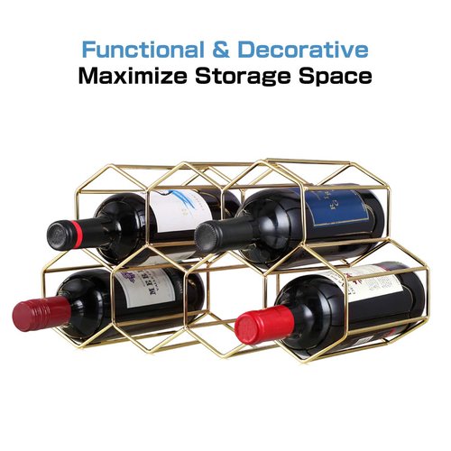 Buruis 9-Bottle Countertop Wine Rack, Honeycomb Metal Wine Holder for Red & White Wines, Standing Bottle Organizer for Home, Kitchen, or Bar, Gold