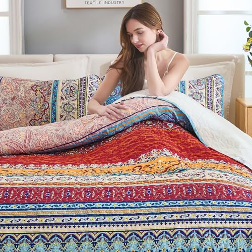 WONGS BEDDING Boho Queen Quilt Set - 3-Piece Lightweight Bedspread Coverlet