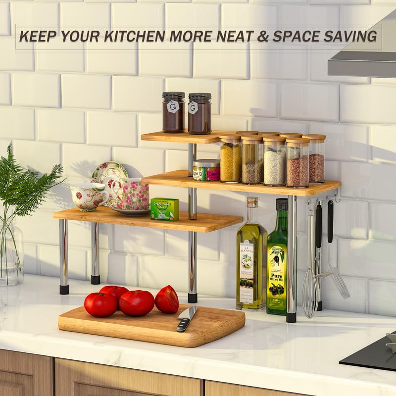 3-Tier Adjustable Bamboo Countertop Organizer with 4 Hooks for Kitchen & Bath