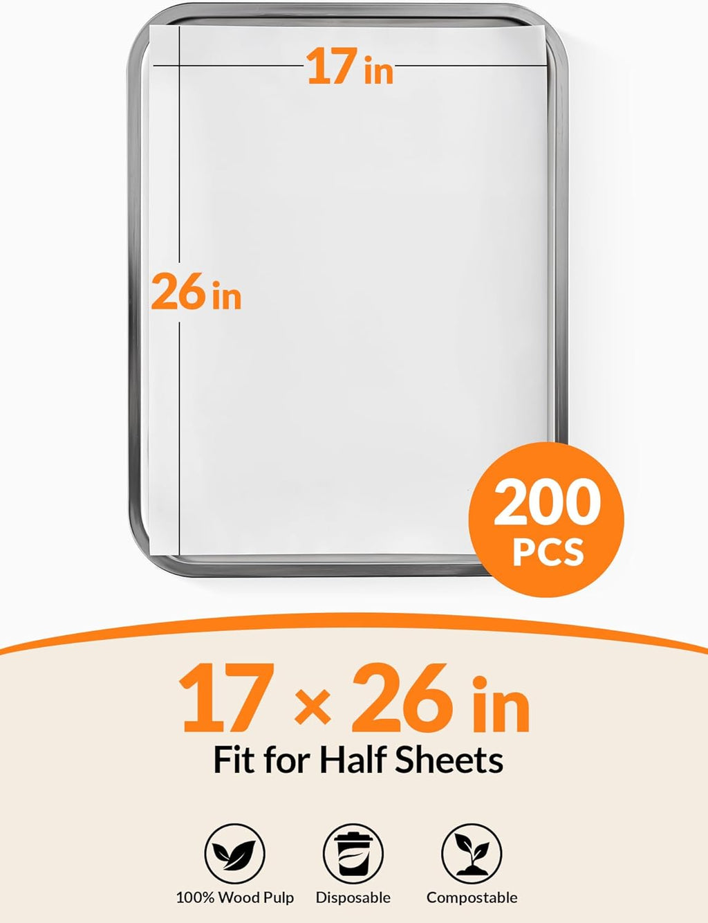 SMARTAKE Parchment Paper Baking Sheets - 200 Non-Stick Precut Sheets, 17x26 Inch for Baking, Grilling & More