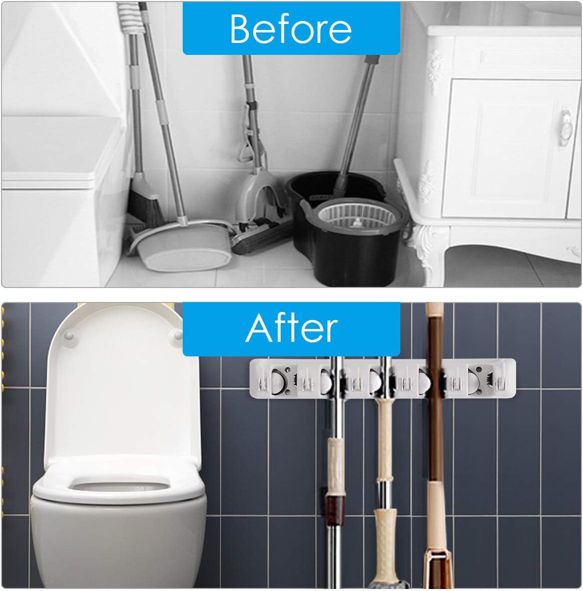 Tangkula Wall Mount Broom Holder - 5 Slot Organizer with 6 Hooks for Home, Kitchen & Garage Storage (White)