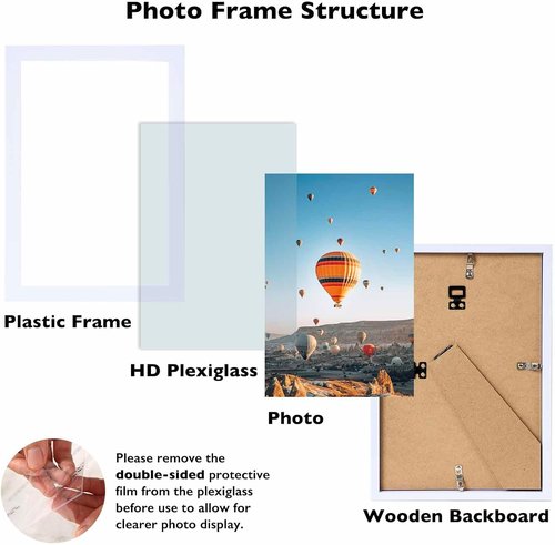 JCJMY 8x12 Picture Frame - White Wall Mount or Tabletop Display with Shatter-Resistant Plexiglass