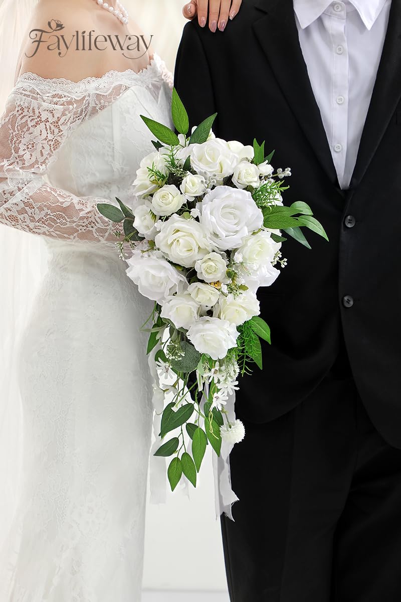 Faylifeway Wedding Bouquets for Bride, White Cascading Bridal Bouquet Artificial Flowers，9.8 Inch Bride Bouquets for Wedding Decoration, Boho Ceremony,Church, Anniversary Decor