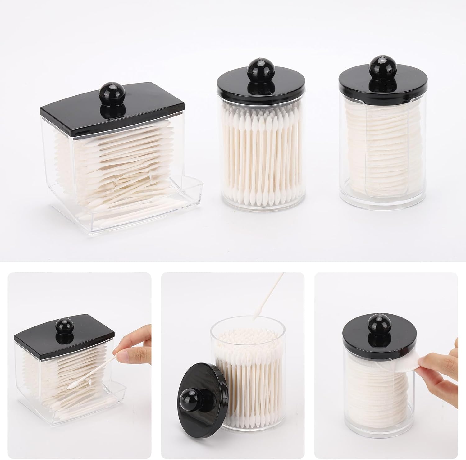 Tbestmax Qtip Holder Dispenser - 3 Pack Bathroom Organizers with Black Lids for Cotton Swabs & Pads