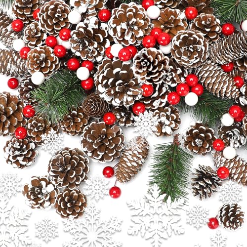 Hatisan 200PCS Christmas Pine Cones, Berries, Snowflakes & Branches Set for Holiday Decorations