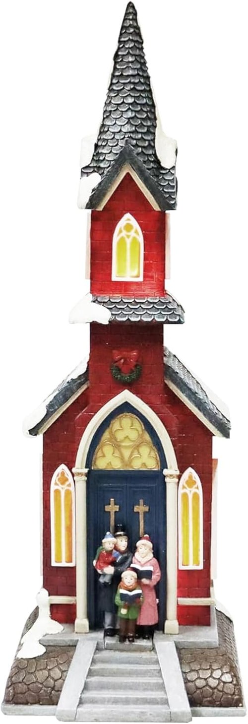 Moments In Time Christmas Village Red Church - LED Lights & 8 Classic Songs | Hand-Painted 15.6” Holiday Decor