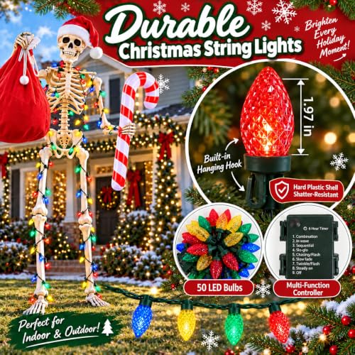 12 ft Skeleton Outfit with Santa Hat, Bag, Candy Cane & 50 LED Lights for Outdoor Halloween Christmas Display