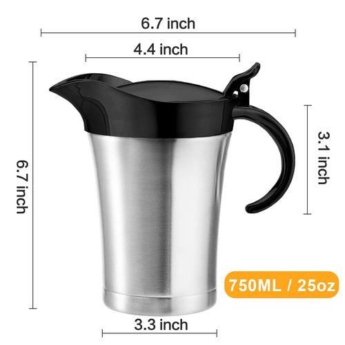 Double Insulated Gravy Boat,25Oz Stainless Steel Gravy Sauce Jug with Hinged Lid, Ideal Gravy Warmer Pitcher for Family Dinner, Thanksgiving, Halloween, Christmas, Birthday Party 750ML