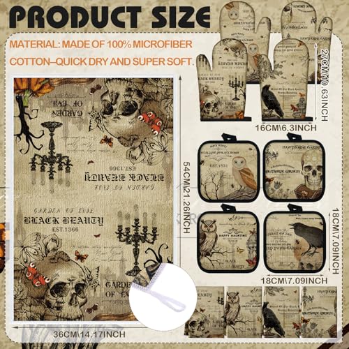 12-Piece Gothic Kitchen Set: Raven Skull Oven Mitts, Pot Holders & Towels