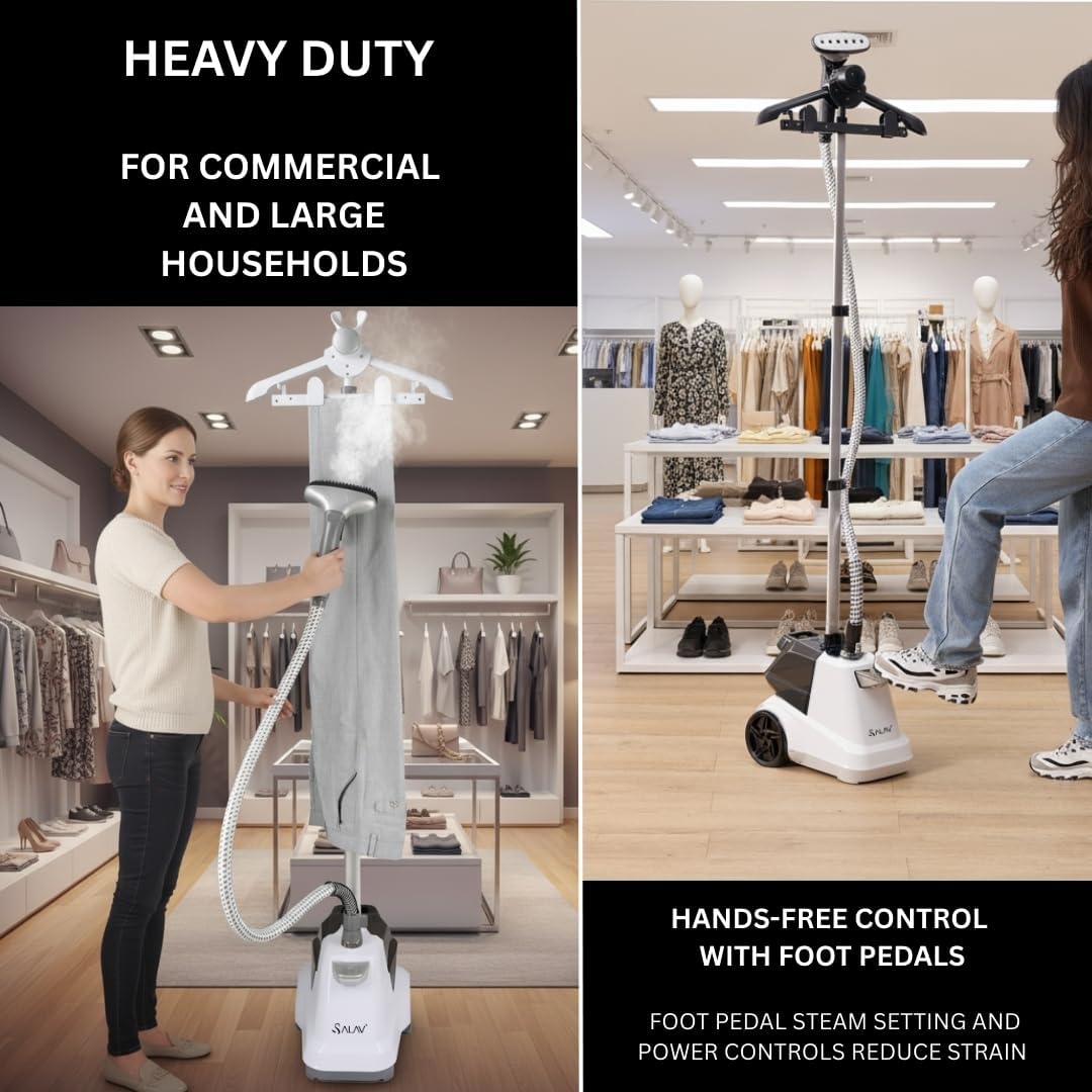 SALAV Heavy Duty Garment Steamer - 1800W with Foot Pedals & 3L Water Tank | 90+ Min Continuous Steam (White)