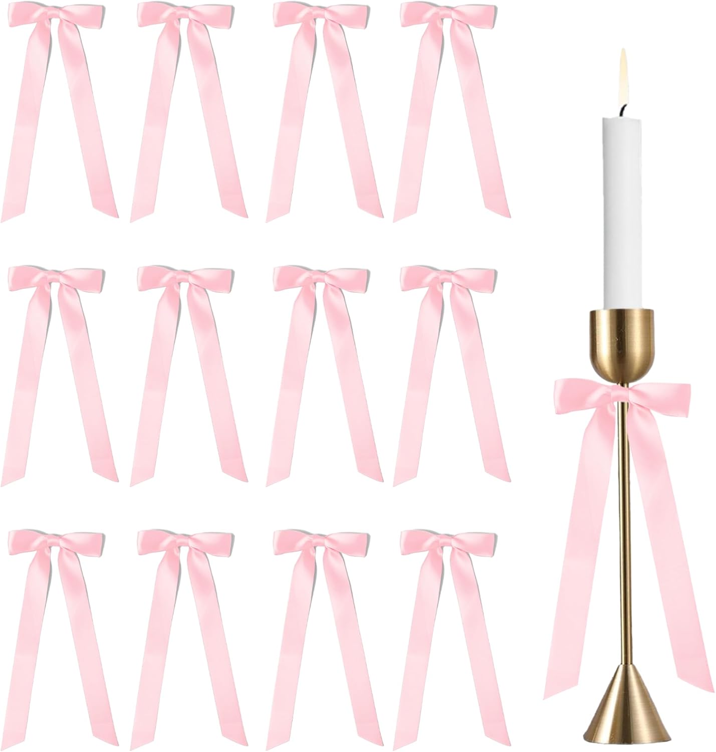 Skiennix 10-Inch Pink Satin Ribbon Bows - 12 Pcs for Candlestick Decor & Gift Wrapping