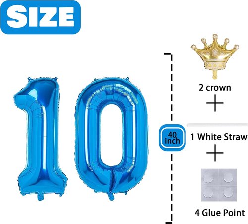 10 Number Balloon - Blue 40-Inch Big Foil Crown Helium Balloon for 10th Birthday Party Decorations