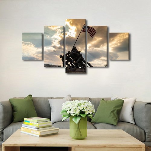 Canvas Wall Art US Marine Corps War Memorial Wall Paintings 5 Pieces Arlington Virginia Wall Art for Living Room Raising of the Flag at Iwo Jima Wall Pictures Framed Ready to Hang (60''Wx 32''H)