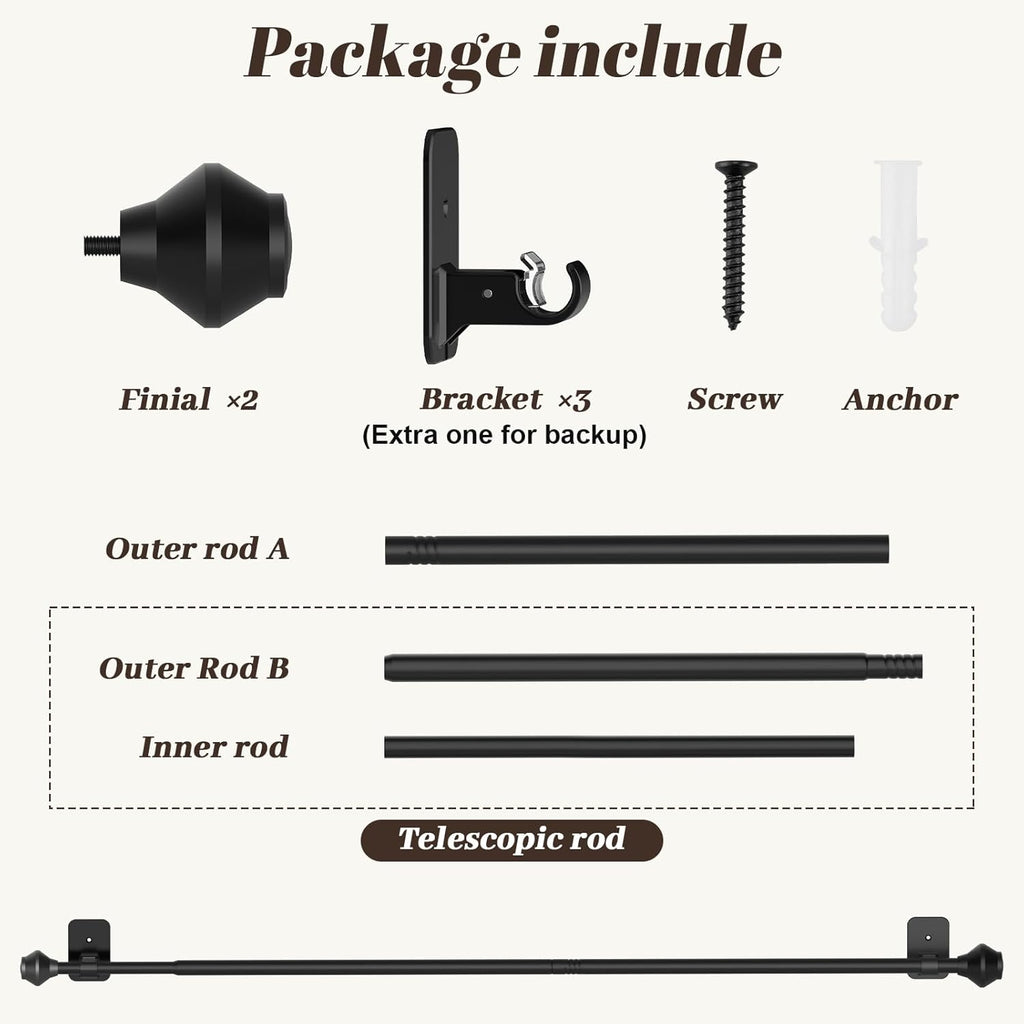 Skiennix Adjustable Curtain Rods - No Drilling, 36-48 Inch, Black Telescoping Design for Easy Installation