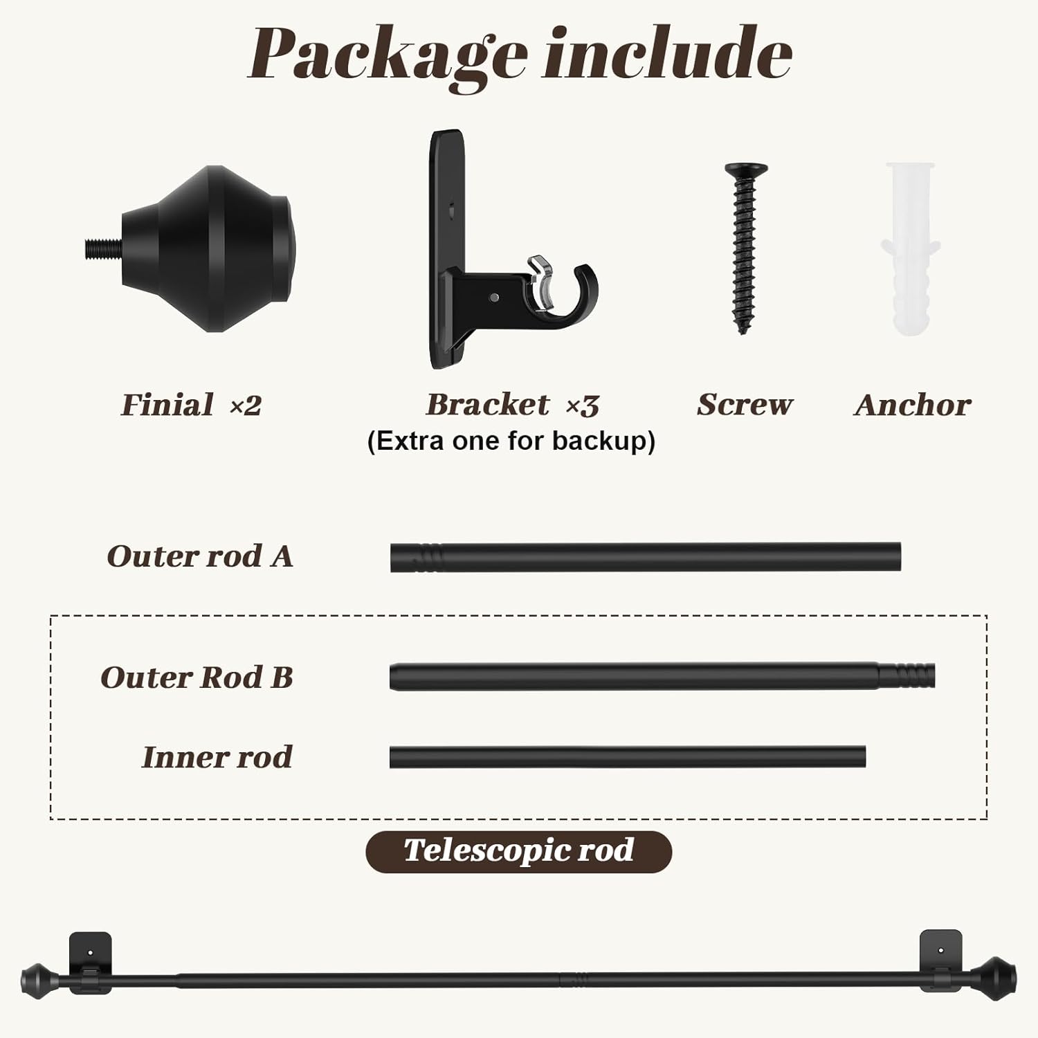 Skiennix Adjustable Curtain Rods - No Drilling, 36-48 Inch, Black Telescoping Design for Easy Installation