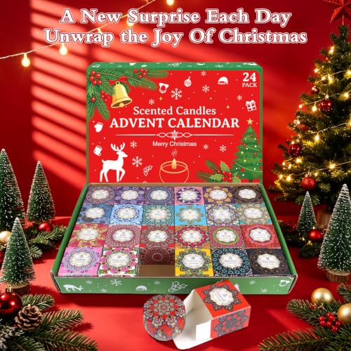 Seeykey Colorful Candle Advent Calendar 2026 – 24 Holiday Fragrances, Soy Wax, Reusable Tins