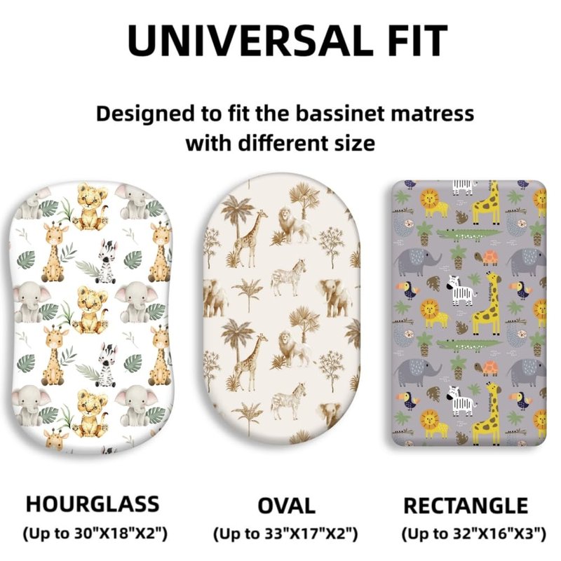 4 Pack Safari Jungle Animals Neutral Unisex Fitted Nursery Baby Sheets Set Toddler Mattress Sheets for Baby Boys or Girls (Bassinet Sheets)