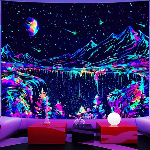 Blacklight Mountain Tapestry Glow in the Dark Moon Stars Wall Hanging (48" x 36")