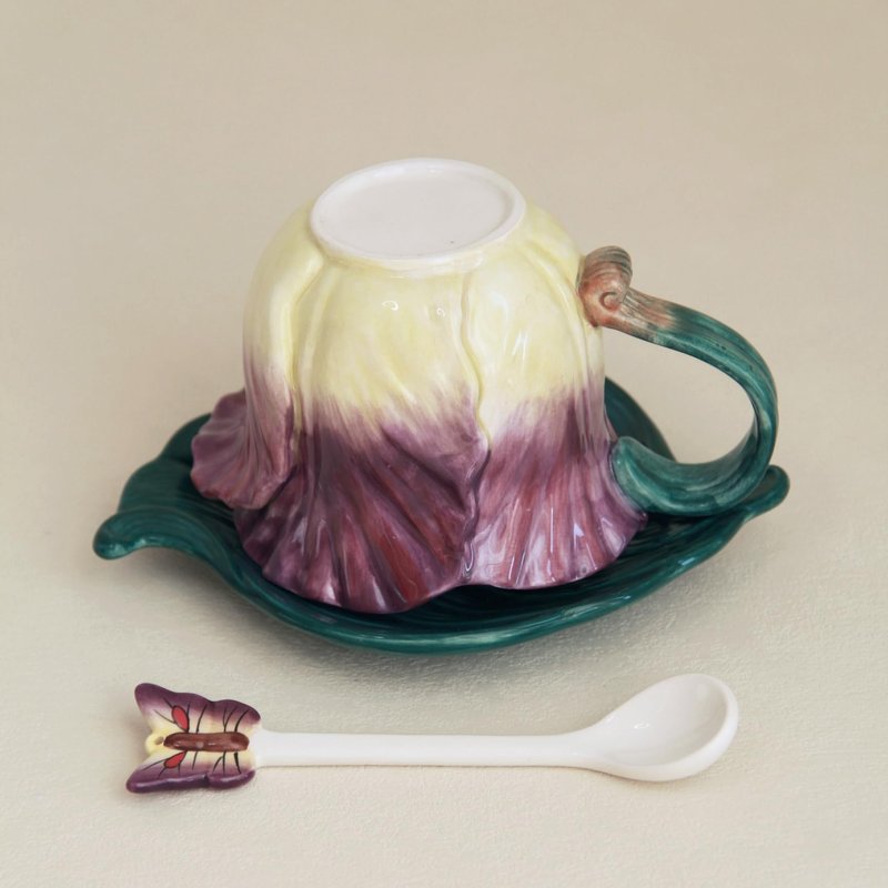 Minigift Ceramic Tea Cup and Saucer Set ，6OZ 3D Hand-Painted Flower and Lotus Leaf Coffee Mug，Gift for Women- Purple Tulip
