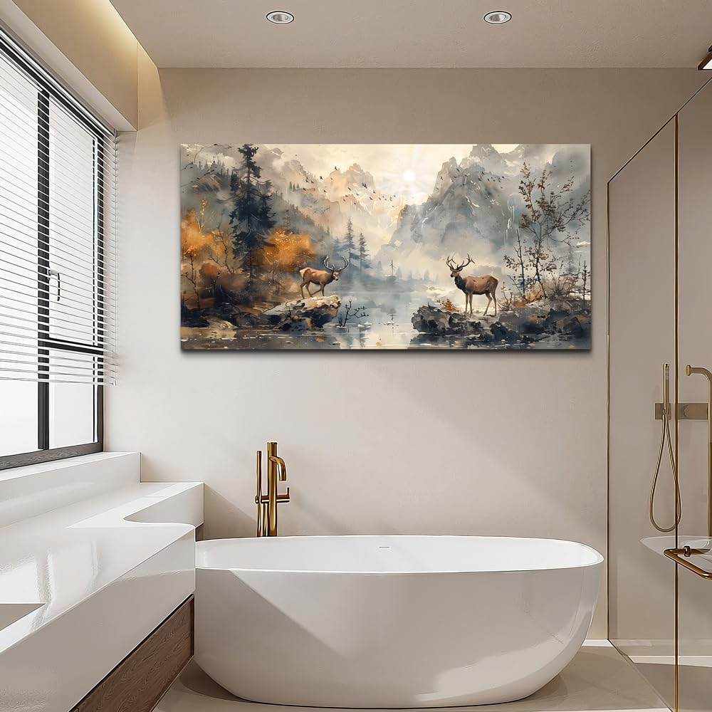 KELIYUAN Framed Canvas Wall Art Decor Living Room Large Wall Decorations For Office Mountain Landscape Ink Painting Abstract Pictures Bedroom Wall Decor Artwork Room Mural Home Decor 24x48 In