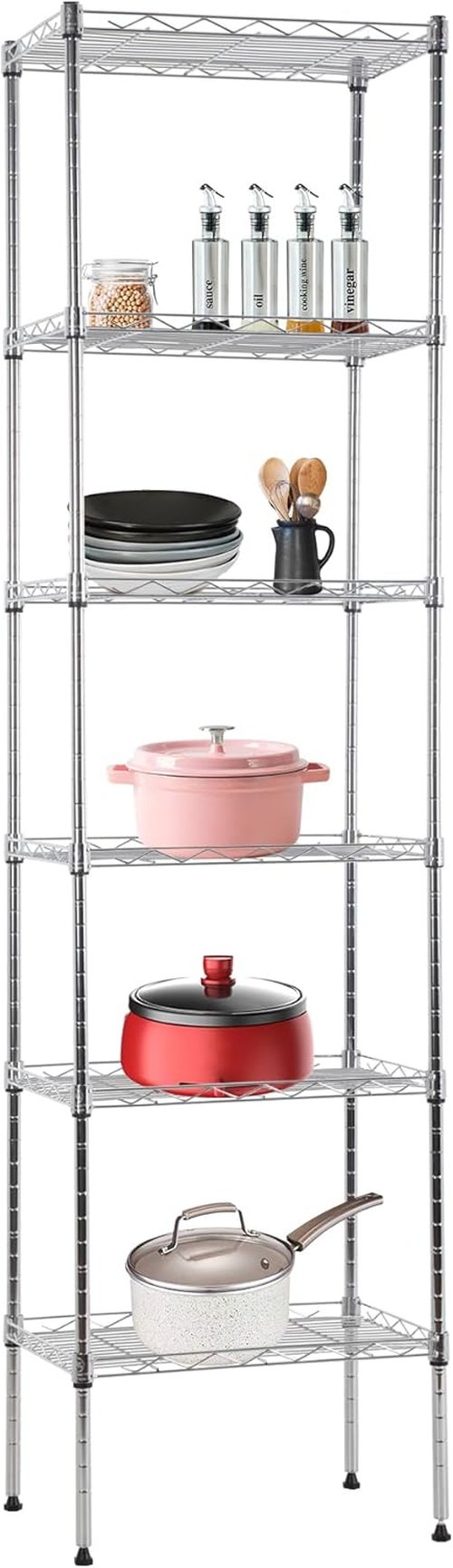 BestOffice 6-Tier Wire Storage Shelves - Heavy-Duty Metal, Chrome Finish | Adjustable Racks | 17x12x64 | Holds Up to 600 lbs | No-Tool Assembly for Home & Garage