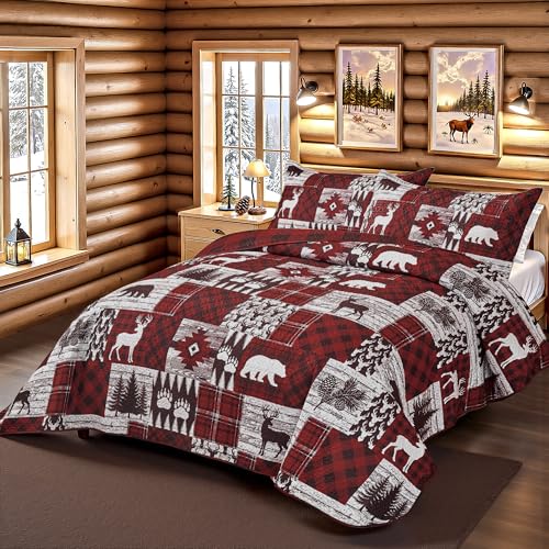 Tritard Red Bear Christmas Plaid Twin Quilt Set with Pillow Shams