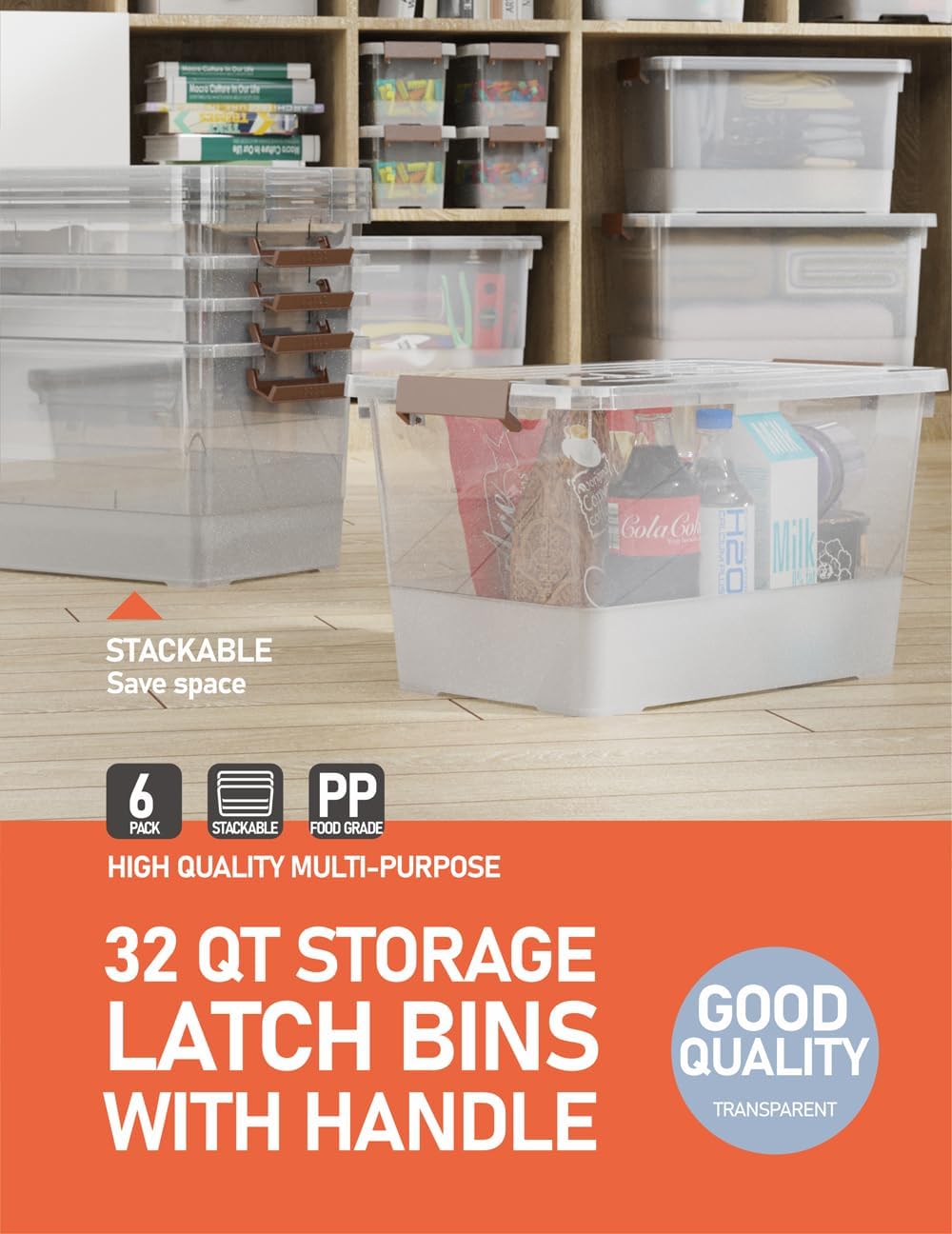 WYT 32 Qt Clear Plastic Storage Bins - Durable Lids & Latching Buckle | 6-Pack Stackable Organizers