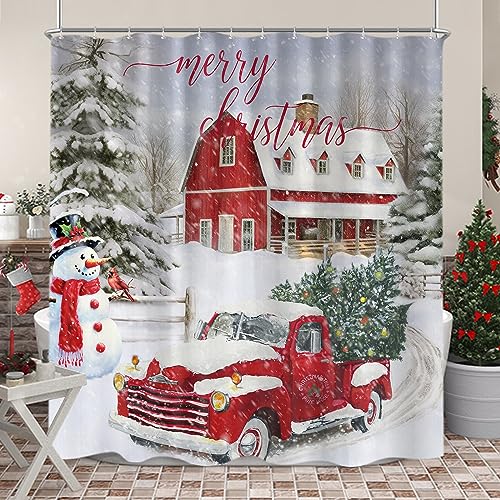 Sanzugh Farmhouse Christmas Shower Curtain Grey 72x78 - Winter Truck Tree Snowman