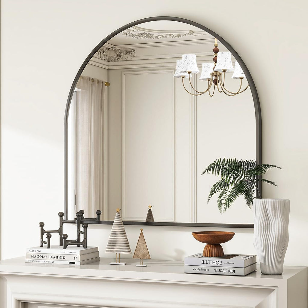 VooBang Wide Arched Wall Mirror - 31 x 32 Inch Modern Bathroom Mirror with Metal Frame | Black Finish