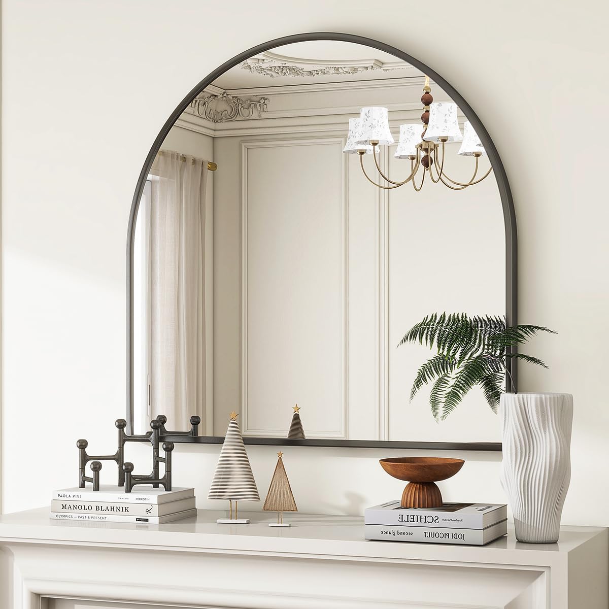 VooBang Wide Arched Wall Mirror - 31 x 32 Inch Modern Bathroom Mirror with Metal Frame | Black Finish