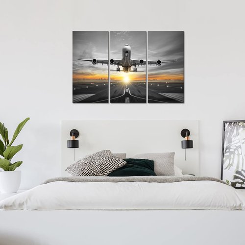 HOMEOART Aviation Decor Airplane Plane Flying Over Runway Canvas Wall Art Boys Room Decor Picture Framed Canvas Print Ready to Hang 16x32inchx3 Panels