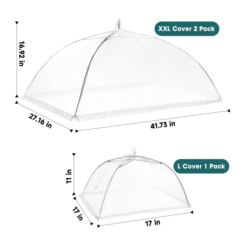 2 Pack Extra Large Food Tents SPANLA 41"X27" Pop-Up Mesh Food Covers for Outdoors with 1 Standard (17"X17") Food Cover, Reusable and Collapsible Food Nets Outside BBQ Party Supplies