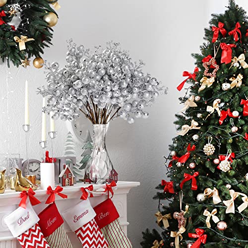 Sggvecsy Silver Christmas Glitter Berries Stems - 30 Pack Holiday Decor