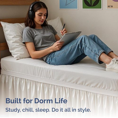 Wrap Around Dorm Room Bed Skirt - For Twin XL Size Beds w/ 34 Inch Drop - Extra Long Dust Ruffled College Bedskirt with Split Corners - Easy Fit Elastic Strap - Adjustable, Fade & Wrinkle Free - White