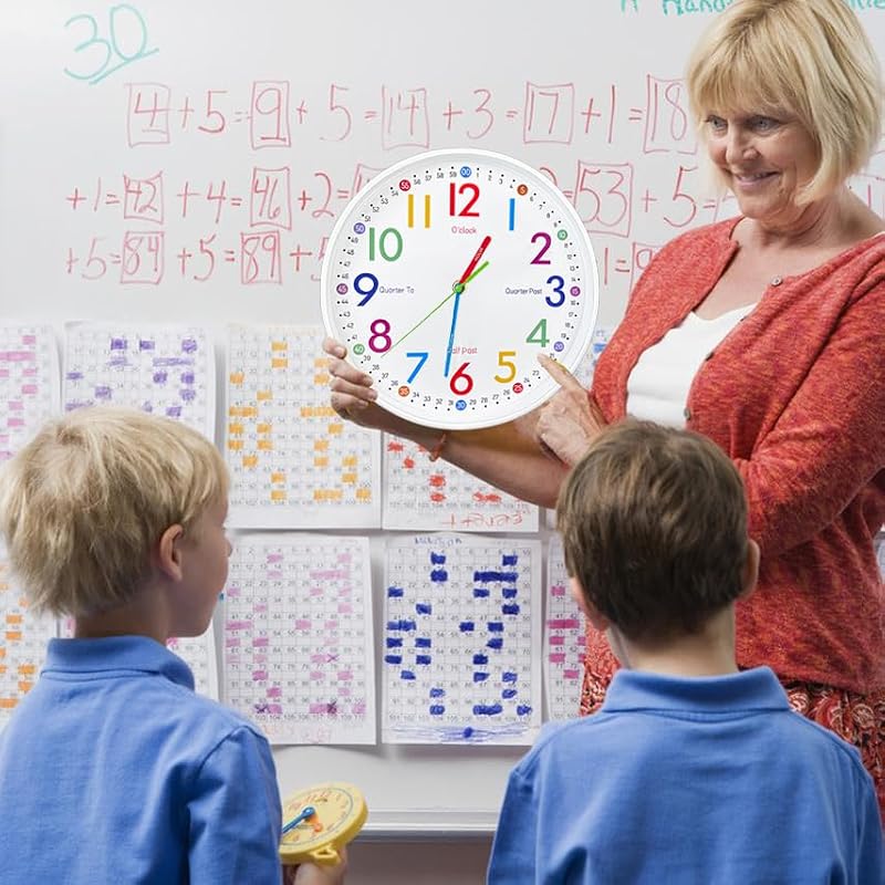 10-Inch Silent Wall Clock for Kids Learning to Tell Time - Colorful Analog