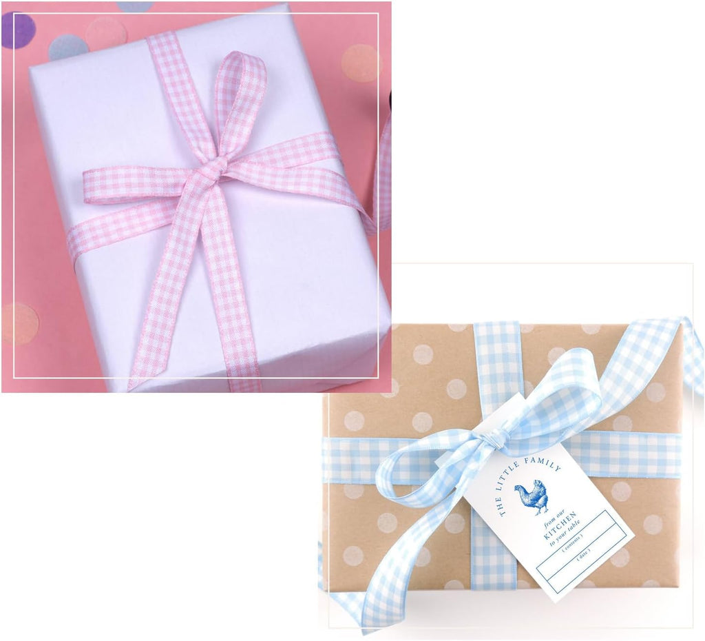 Skiennix Spring Gingham Ribbon - Thin Checkered Polyester for Gift Wrapping & Crafts | Pink/Blue, 10 Yds x 3/8 in, Total 120 Ft