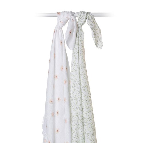 Lulujo Baby Swaddle Blankets | Unisex Softest Breathable Cotton Muslin Swaddle Blanket Set | Neutral Receiving Blanket for Girls & Boys | 40in x 40in | Daisies & Greenery | 2-Count