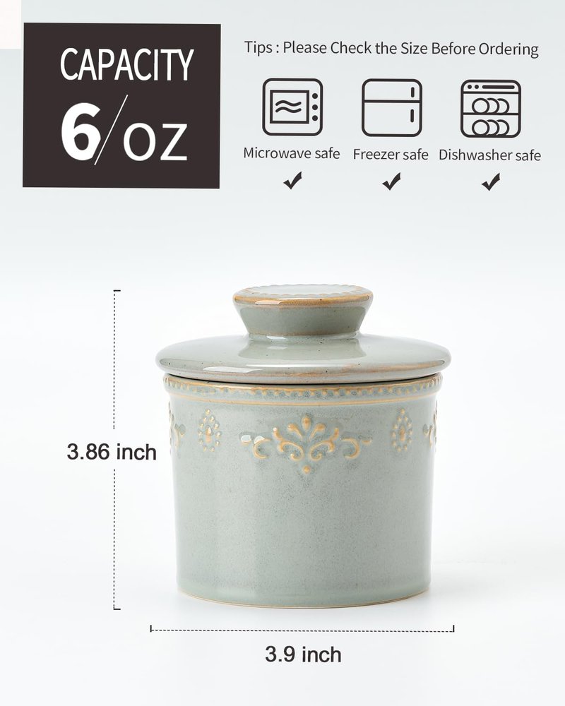 XELA Ceramic Butter Dish - French Butter Crock With Water Line - Keeps Your Butter Fresh and Spreadable - Vintage Turquoise