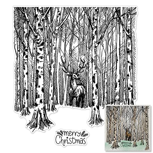 Threetols Forest Deer Xmas Clear Stamps - Forest Background Clear Rubber Stamps for Card Making (Forest Deer)