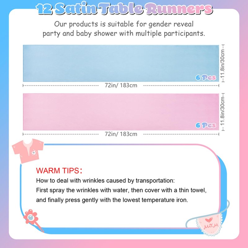 Jspupifip 12 Pcs Pink Blue Table Runner, 72 Inch Satin Table Runner for Baby Shower, Gender Reveal, New Year, Valentines Day, Wedding Banquet, Birthday Party