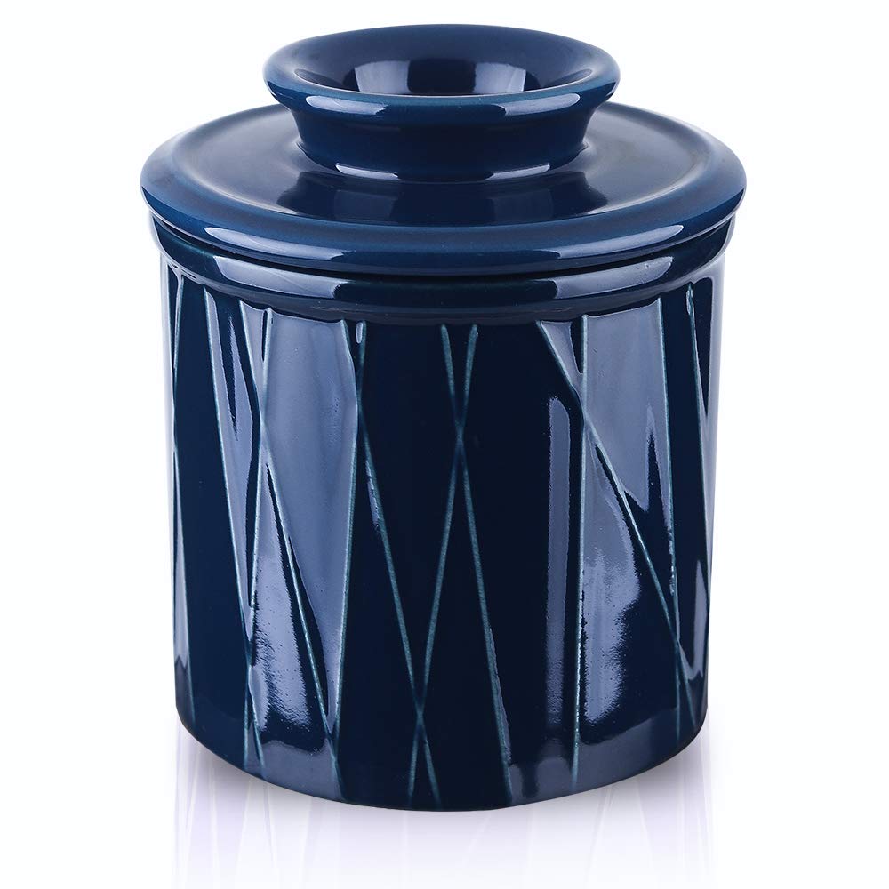 KOOV Porcelain Butter Crock, French Butter Dish, Ceramic Butter Keeper for Counter, Big Capacity, Irregular Striped Series (Aegean)
