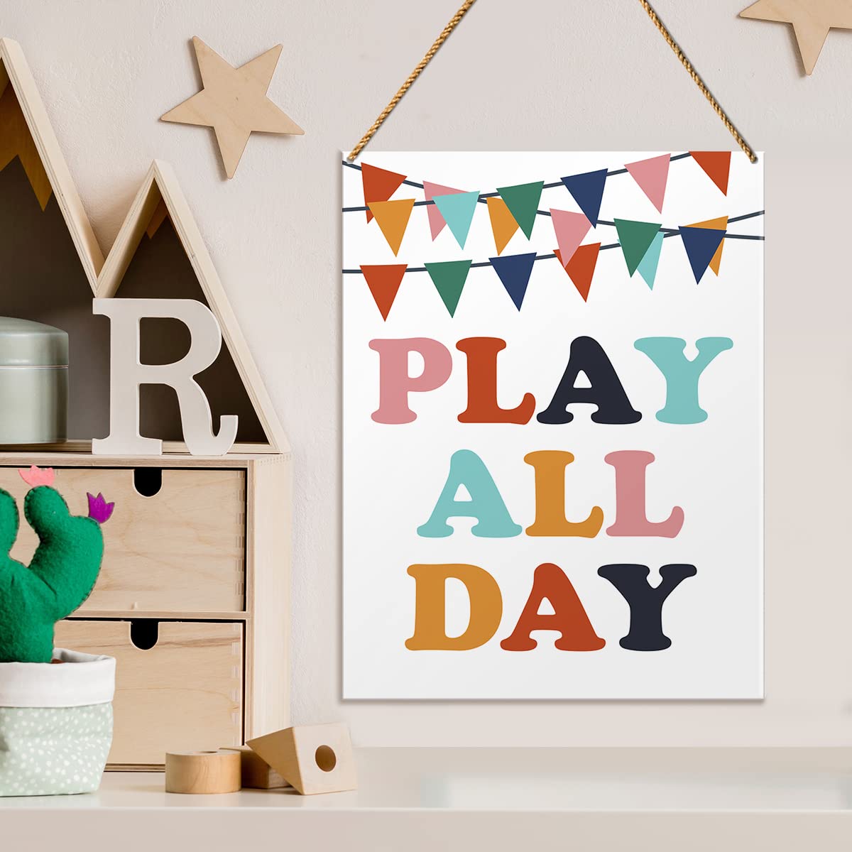 Nursery Wood Sign Decor, Play All Day, Nursery Kids Room Playroom Motivational Decor Inspirational Wall Art Decoration for Homeschool Classroom