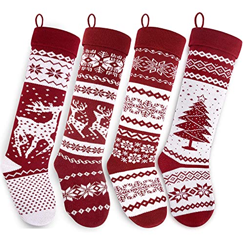 Starry Dynamo 26 Inch Set of 4 Nordic Knitted Christmas Stockings Burgundy & White - Holiday Decor