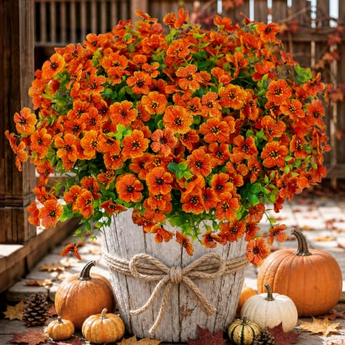 Artificial Fall Mums Outdoor UV Resistant Silk Flowers - 16 Pack, Red Orange